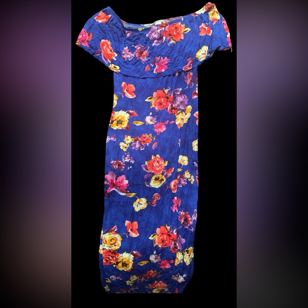 Colorful bright comfortable summer floral off shoulder dress sz XL juniors blue